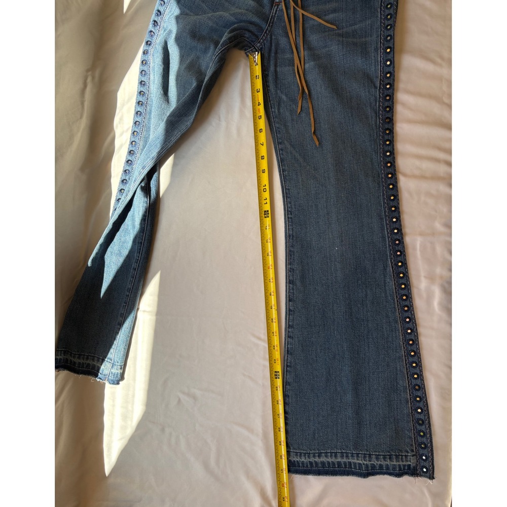 Vintage Y2K Express Flare Jeans Low Rise Grommet Studded Side Stripe Leather Tie - Picture 6 of 7